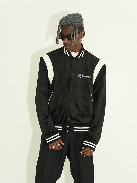 Harsh and Cruel Handwritten LOGO Embroidered Velvet Varsity Jacket | Face 3 Face