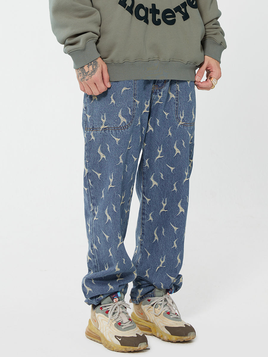 F2CE Lightning Flame Washed Jacquard Denim Jeans Pants | Face 3 Face