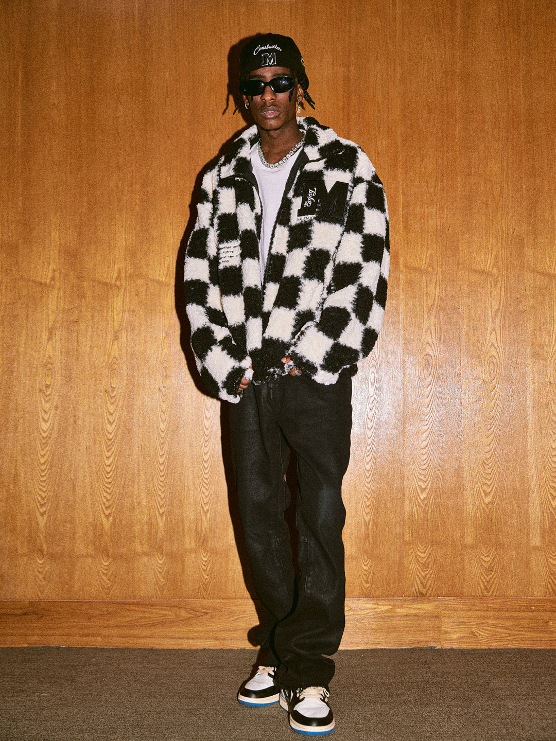 MEDM Logo Embroidered Checkerboard Sherpa Fleece Boa Jacket | Face 3 Face