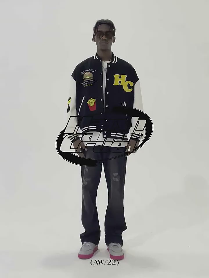 Harsh and Cruel Cartoon Meal Embroidered Varsity Jacket