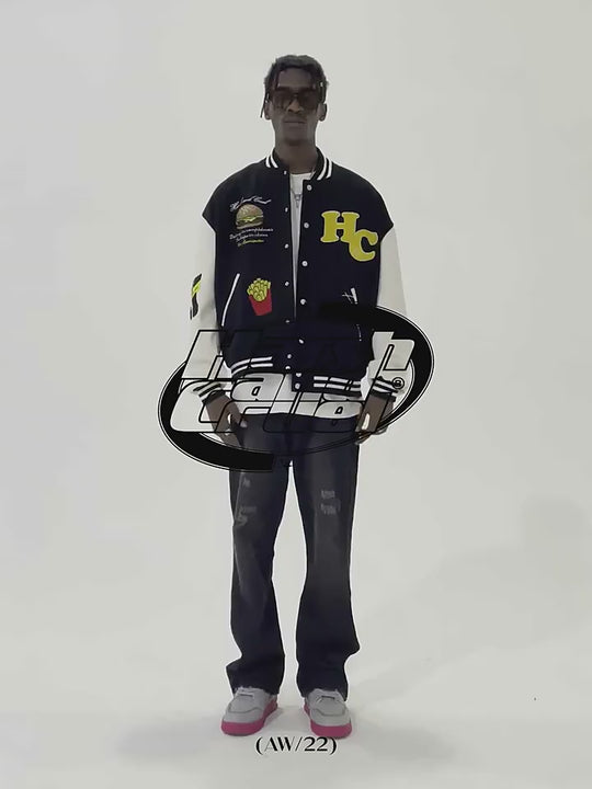 Harsh and Cruel Cartoon Meal Embroidered Varsity Jacket