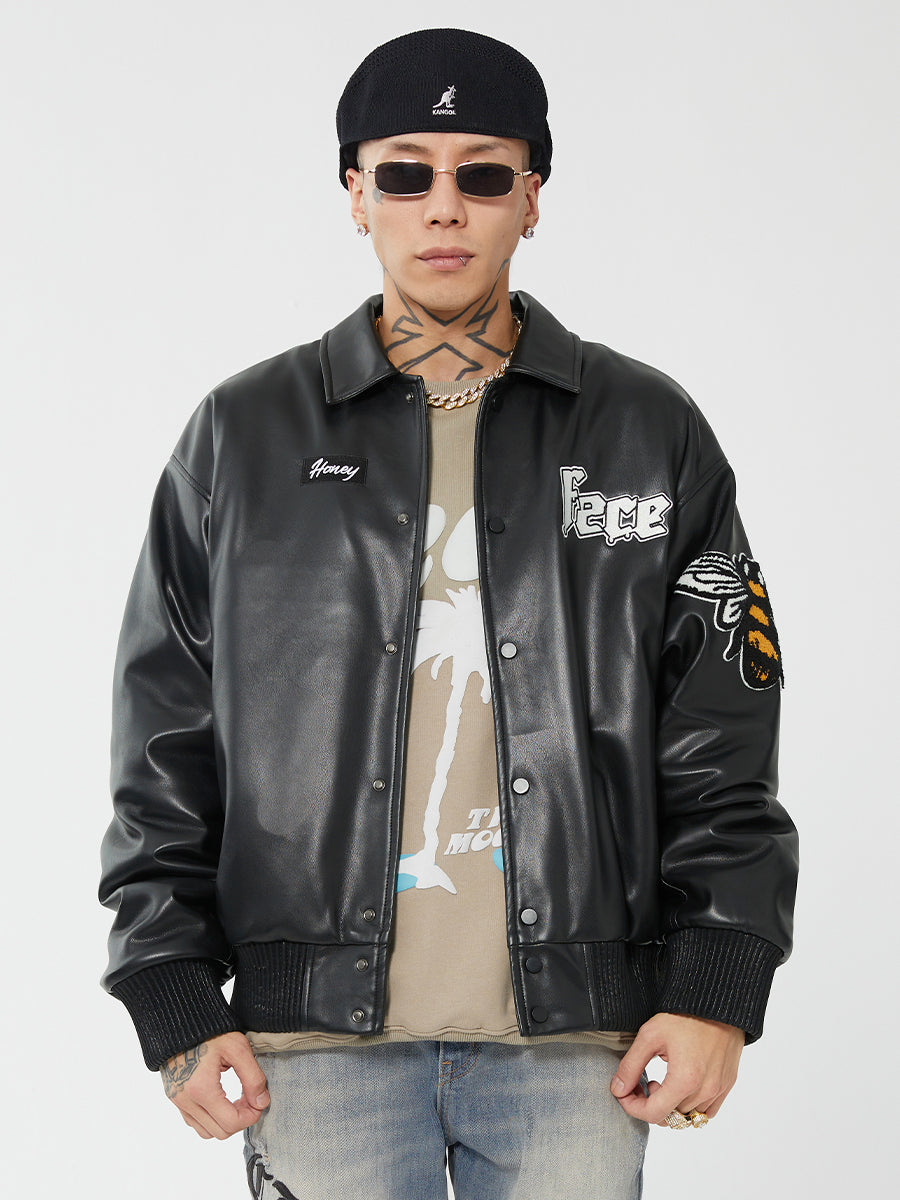 F2CE Leather Embroidery LOGO Varsity Jacket | Face 3 Face