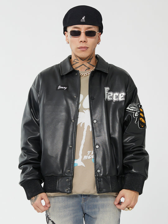 F2CE Leather Embroidery LOGO Varsity Jacket | Face 3 Face