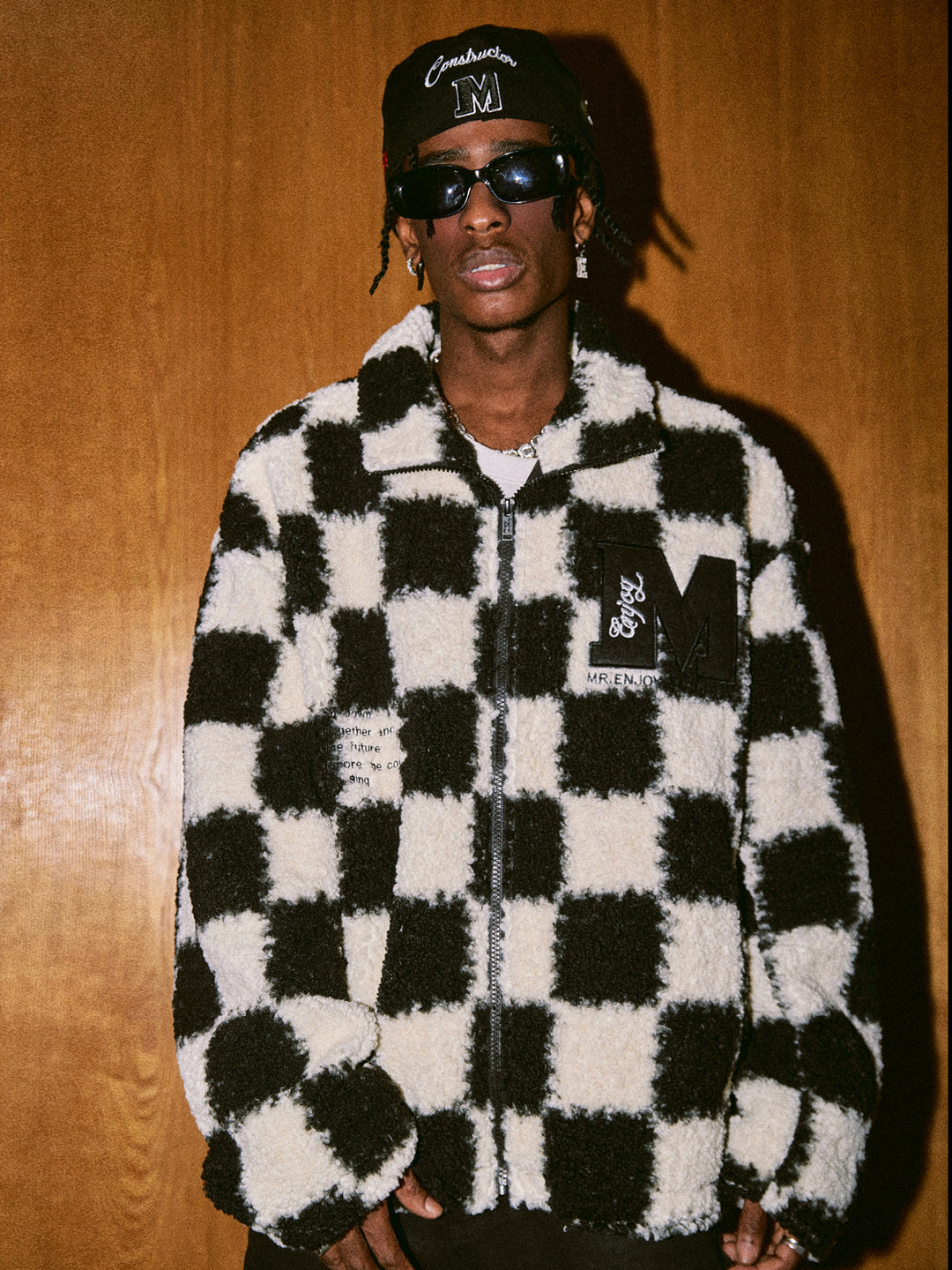 MEDM Logo Embroidered Checkerboard Sherpa Fleece Boa Jacket | Face 3 Face