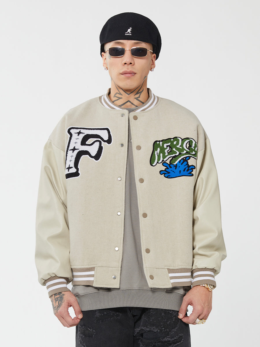 F2CE Mercy LOGO Dice Embroidered Woolen Varsity Jacket | Face 3 Face