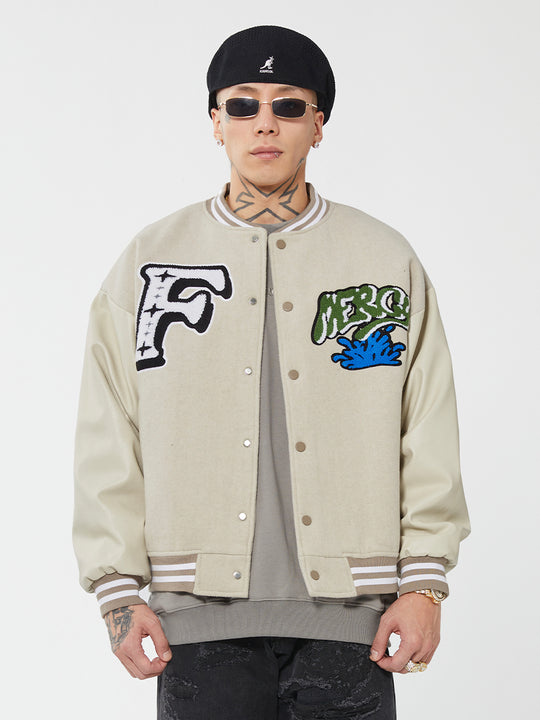 F2CE Mercy LOGO Dice Embroidered Woolen Varsity Jacket | Face 3 Face