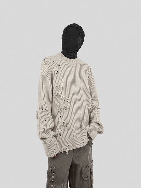 UNDERWATER Washed Handmade Destruction Patchwork Knit Sweater Beige
