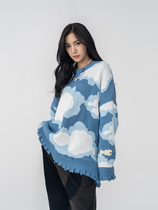 Harsh and Cruel Blue Sky Cloud Ripped Knit Sweater | Face 3 Face