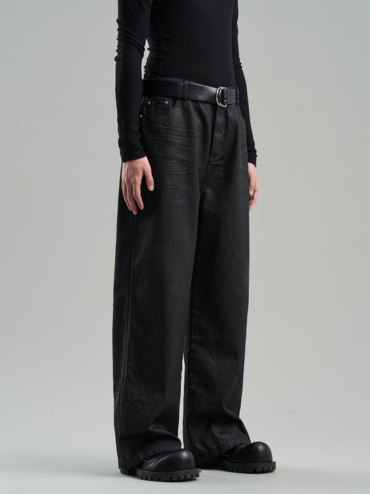 BLIND NO PLAN Coated Brushed Wax Pleated Straight Leg Pants