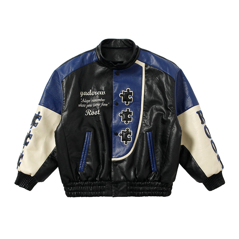 YADcrew X ROOT Stitching Puzzle Leather Motorcycle Jacket – Face 3 Face