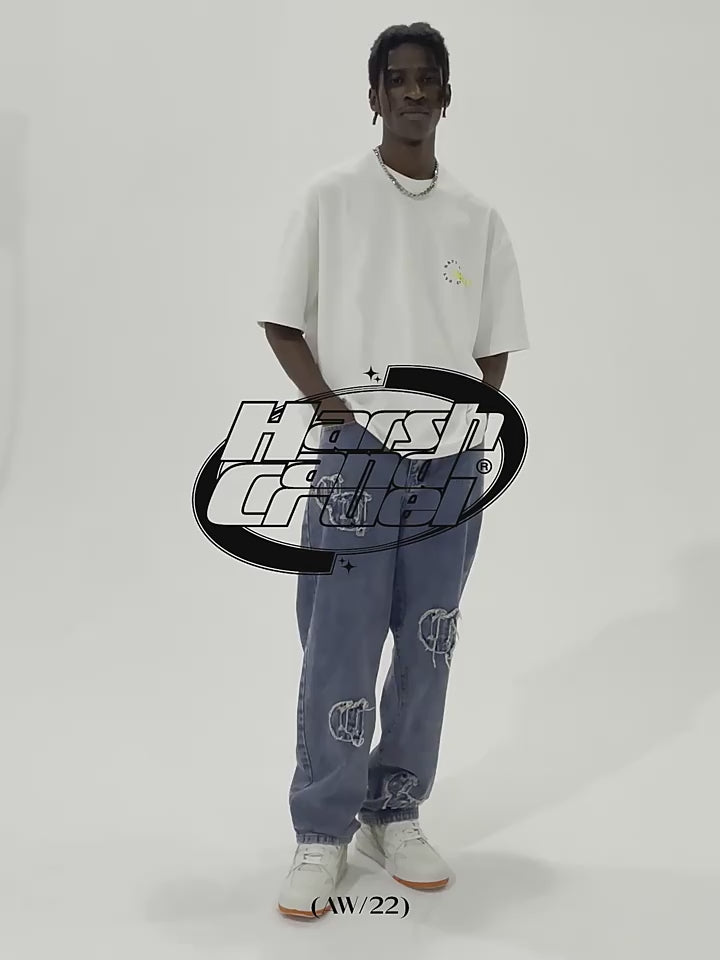 Harsh and Cruel Distressed Embroidered Gothic Logo Denim