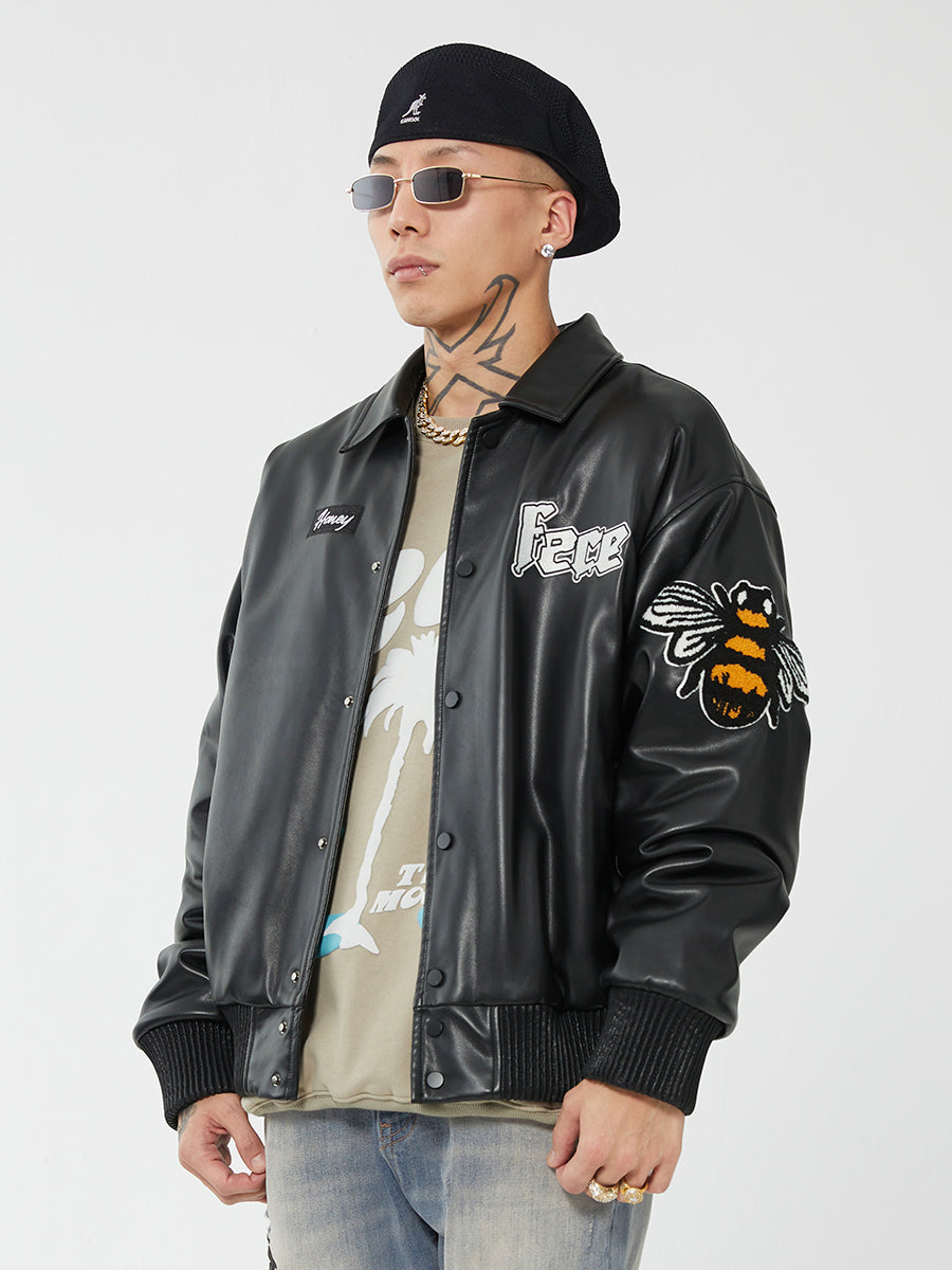 F2CE Leather Embroidery LOGO Varsity Jacket | Face 3 Face