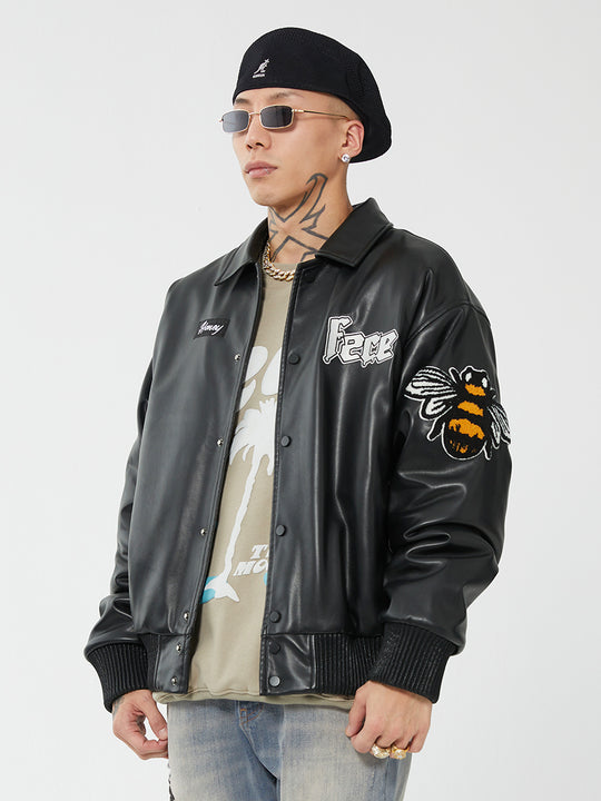 F2CE Leather Embroidery LOGO Varsity Jacket | Face 3 Face