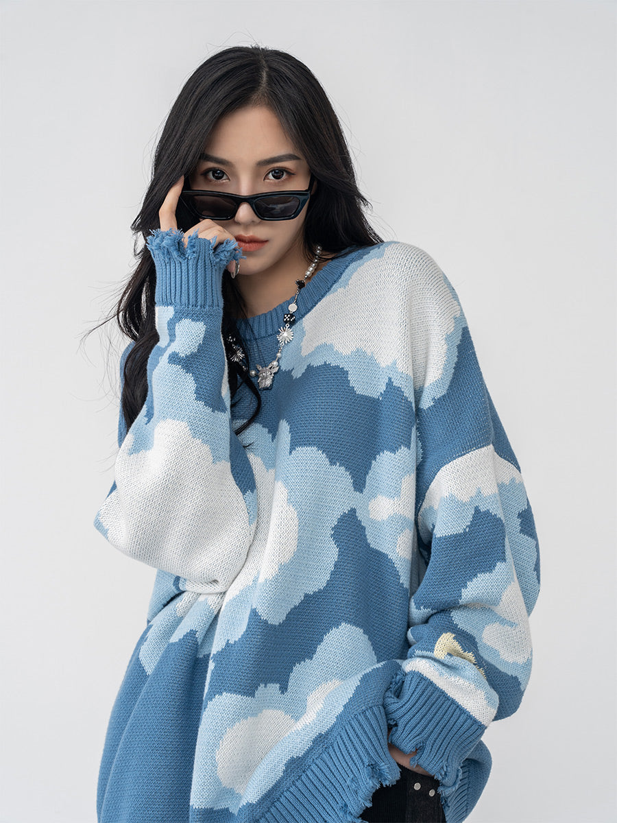 Harsh and Cruel Blue Sky Cloud Ripped Knit Sweater | Face 3 Face
