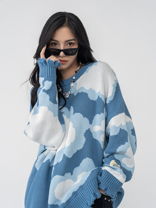Harsh and Cruel Blue Sky Cloud Ripped Knit Sweater | Face 3 Face