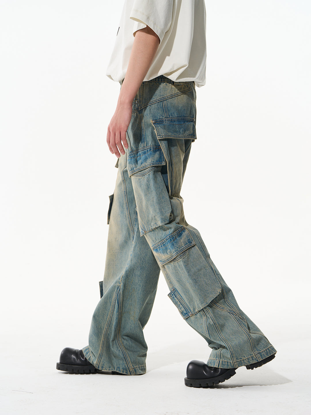 BLIND NO PLAN Aged & Washed Pocket Patchwork Denim Work Pants