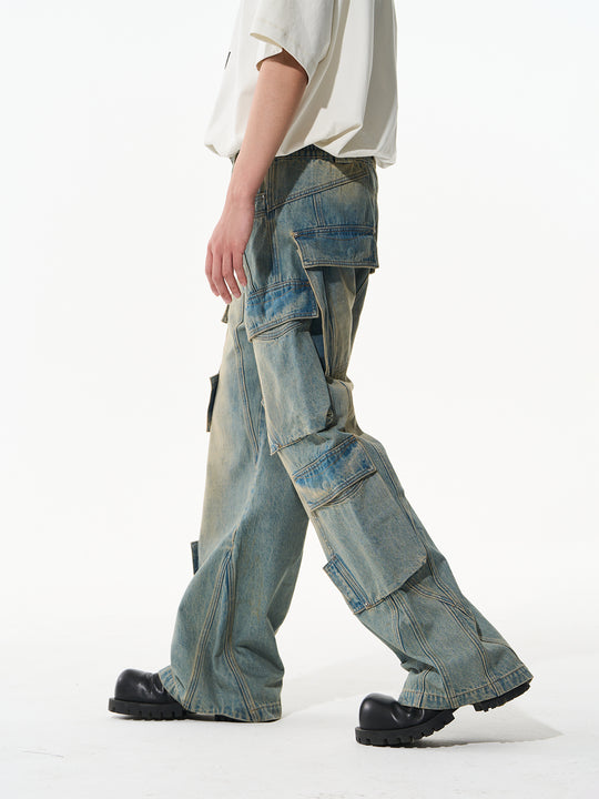 BLIND NO PLAN Aged & Washed Pocket Patchwork Denim Work Pants