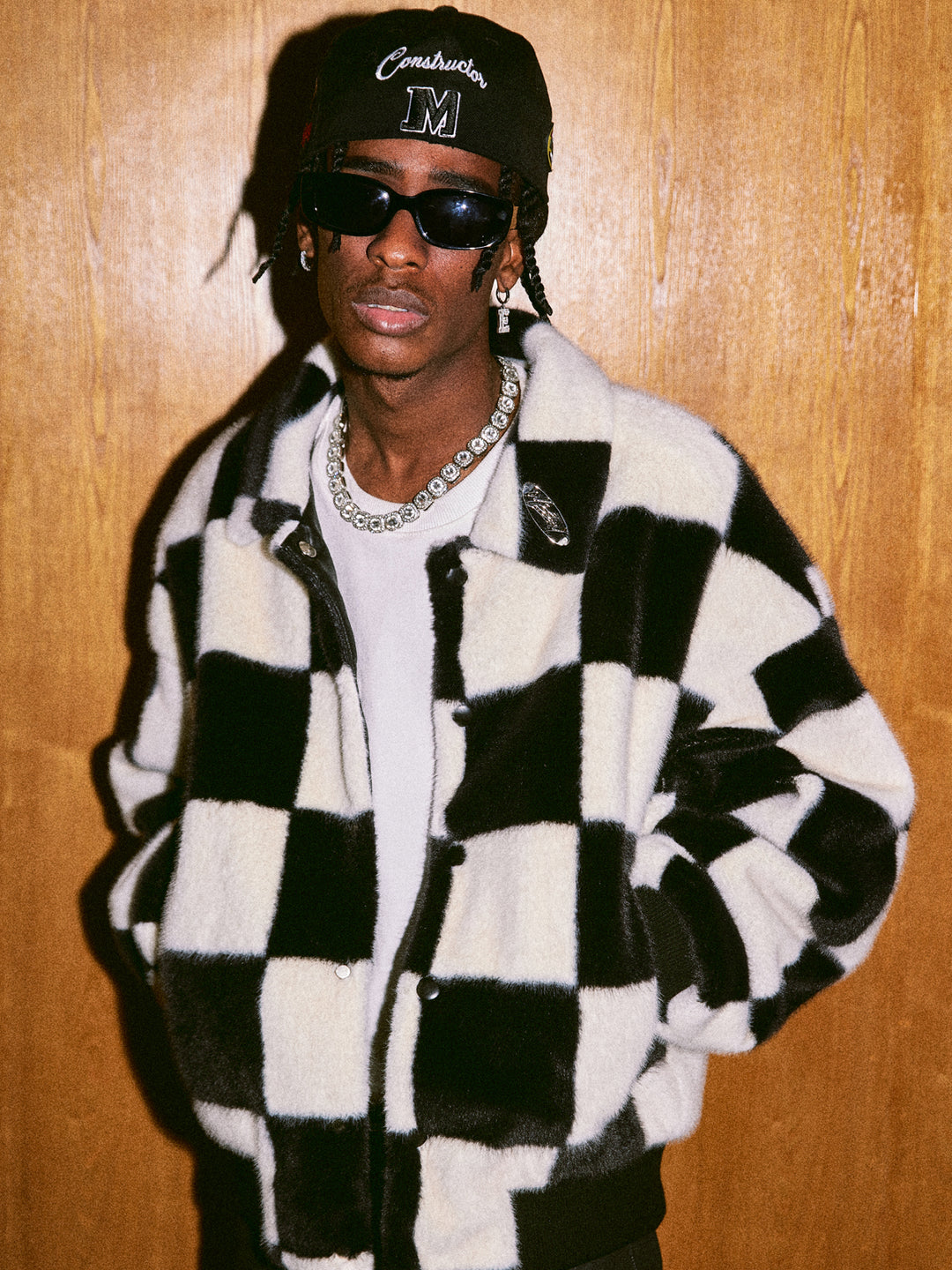 MEDM Fur Checkerboard Sherpa Fleece Jacket | Face 3 Face