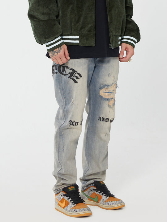 F2CE Destruction Embroidered LOGO Straight Denim Jeans Pants | Face 3 Face