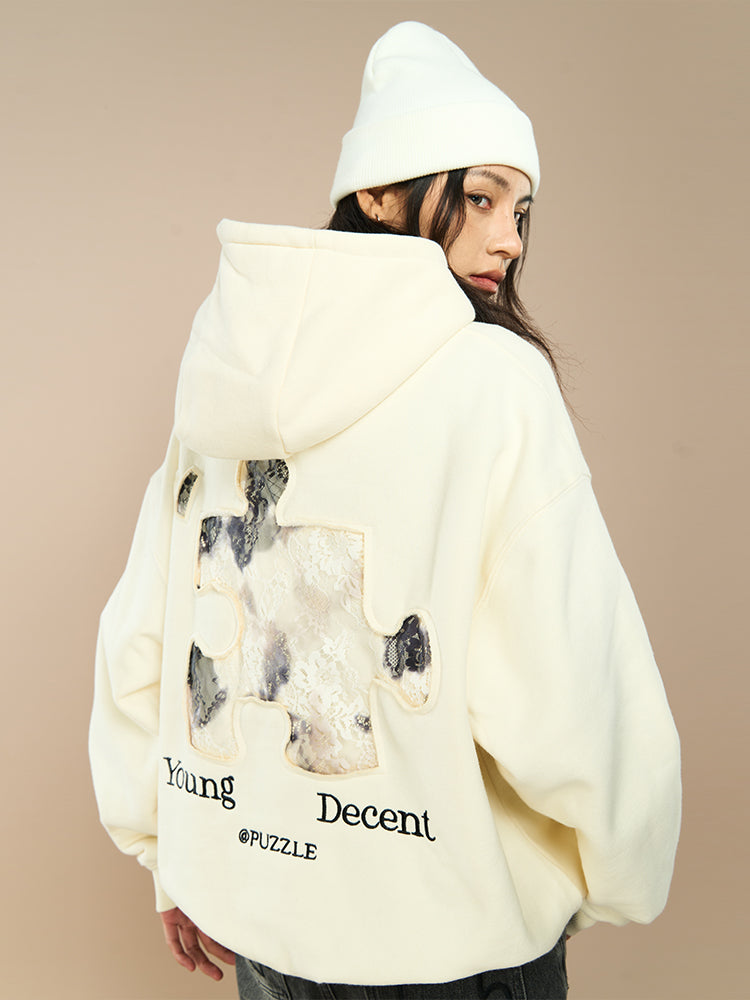 YADcrew Lace Splicing Embroidery Puzzle Hoodie