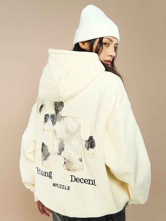 YADcrew Lace Splicing Embroidery Puzzle Hoodie