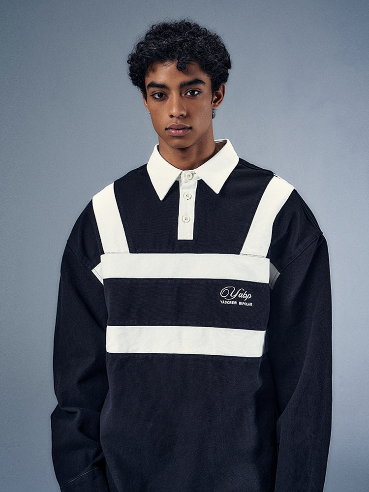 YADcrew x BIPOLAR Embroidered Long Sleeve Patchwork Polo Shirt