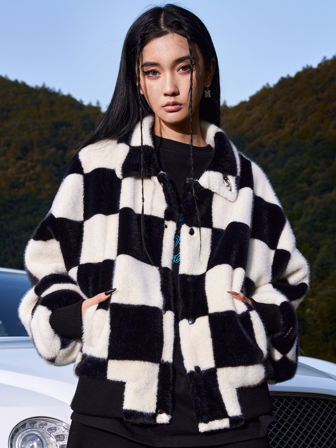 MEDM Fur Checkerboard Sherpa Fleece Jacket | Face 3 Face