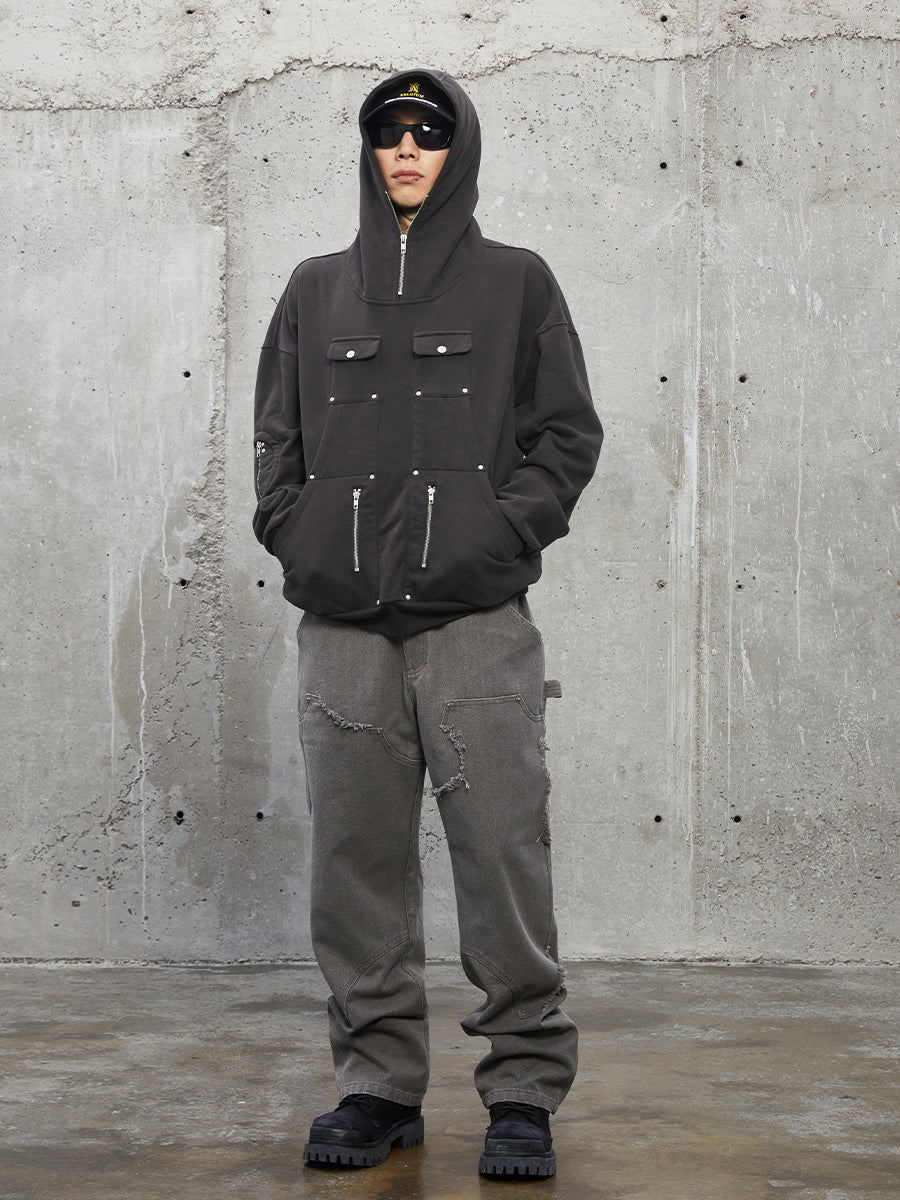 F2CE Washed Destruction Double Knee Work Denim Jeans