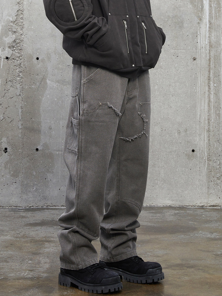 F2CE Washed Destruction Double Knee Work Denim Jeans