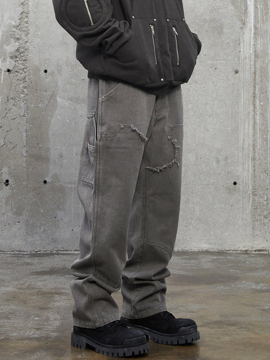 F2CE Washed Destruction Double Knee Work Denim Jeans