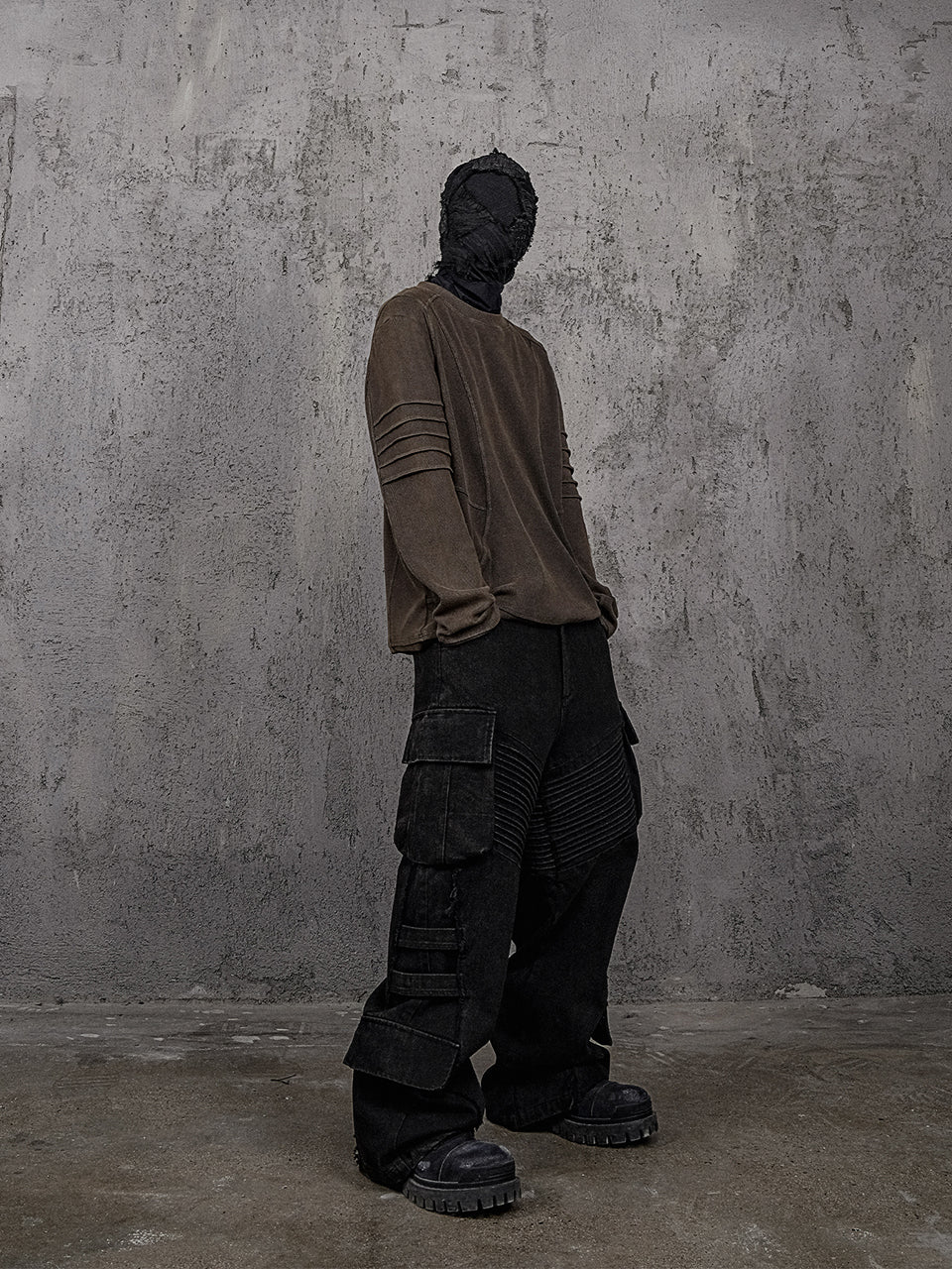 UNDERWATER Washed Pleated Deconstructed Patchwork Sweatshirt Brown