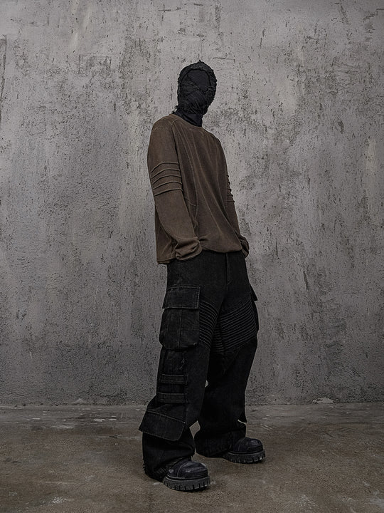 UNDERWATER Washed Pleated Deconstructed Patchwork Sweatshirt Brown