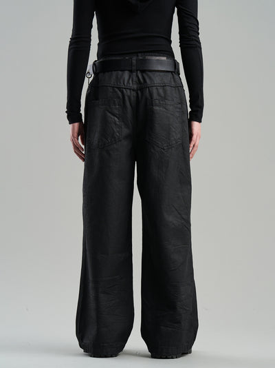 BLIND NO PLAN Coated Brushed Wax Pleated Straight Leg Pants