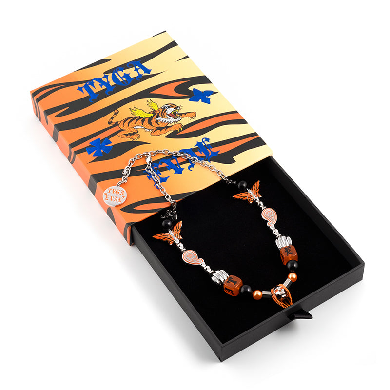 SALUTE TYGA x *EVAE+ Tiger Amber Dice Cashew Flower Butterfly Necklace | Face 3 Face