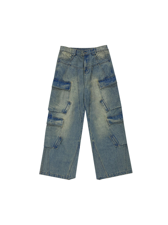 BLIND NO PLAN Aged & Washed Pocket Patchwork Denim Work Pants