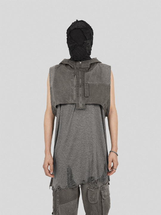 UNDERWATER Wasteland Dirty Scavenger Mesh Patchwork Short Hooded Vest
