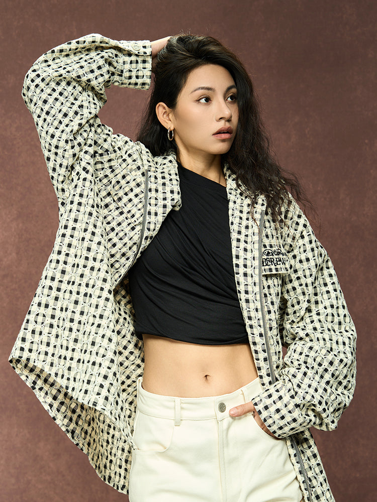 YADcrew Circle Lace Hooded Plaid Shirt Jacket