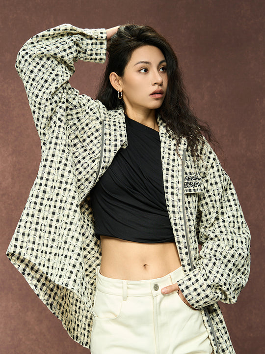 YADcrew Circle Lace Hooded Plaid Shirt Jacket