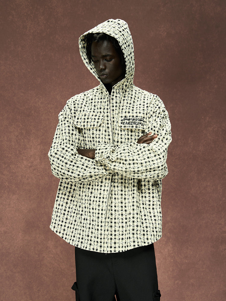 YADcrew Circle Lace Hooded Plaid Shirt Jacket
