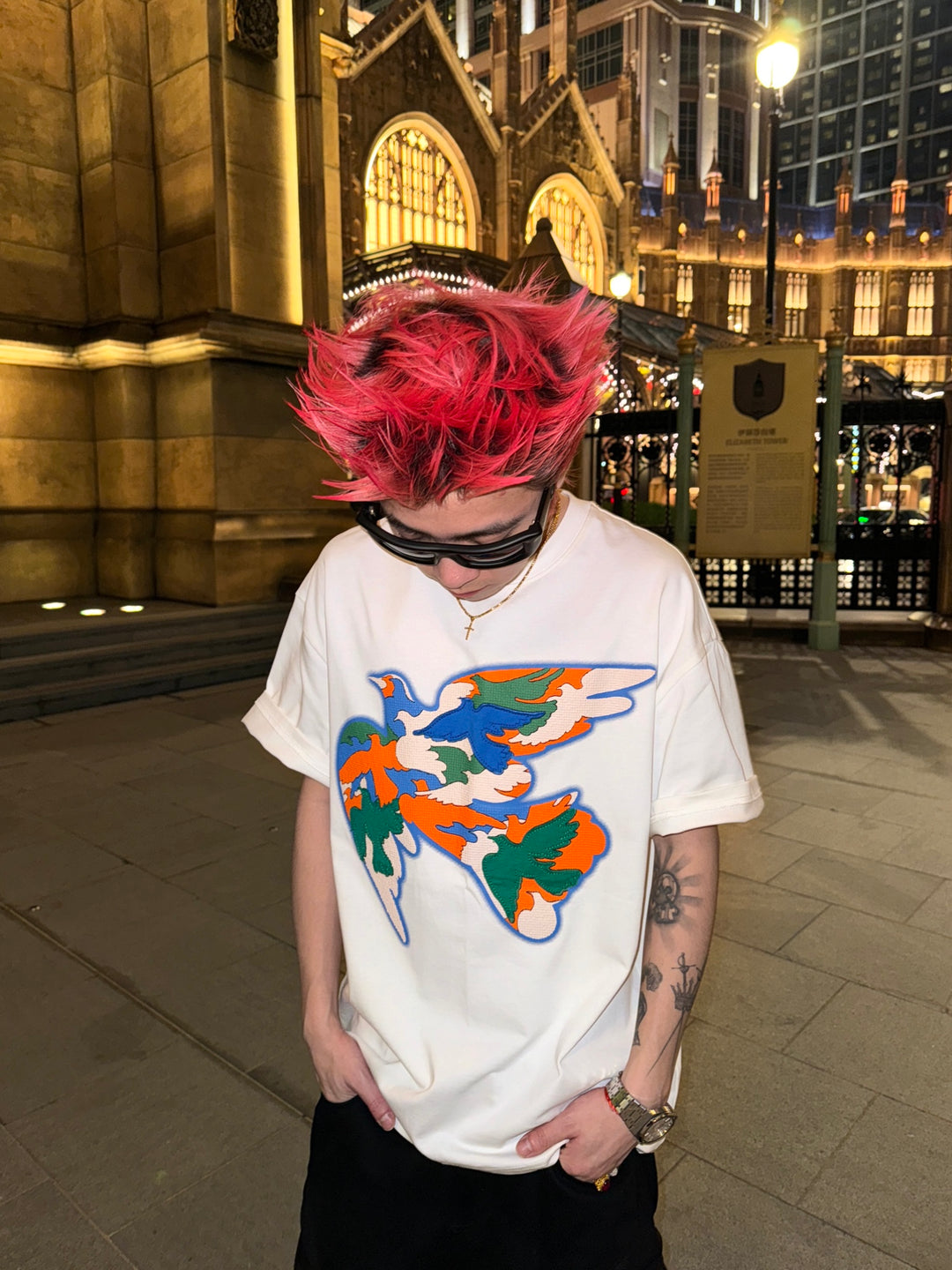 YADcrew Peace Dove Embroidered Pellet Foam Printed Tee