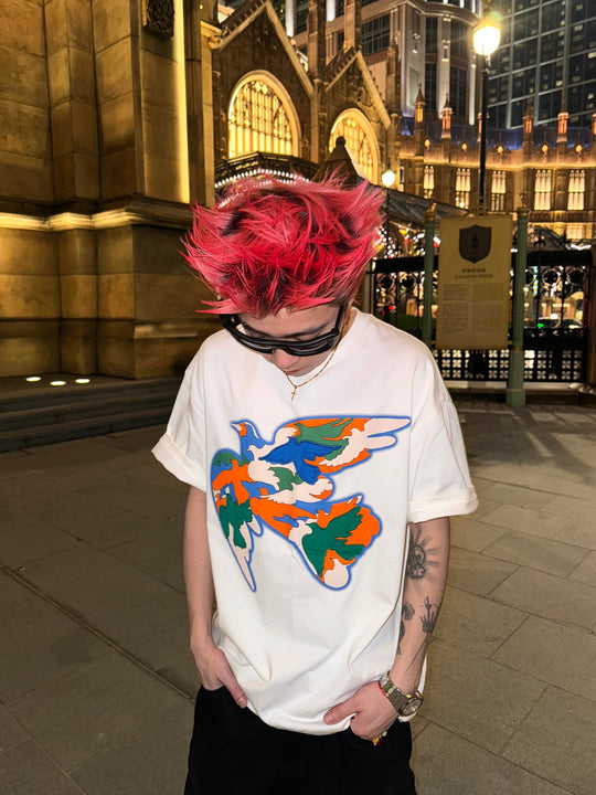 YADcrew Peace Dove Embroidered Pellet Foam Printed Tee