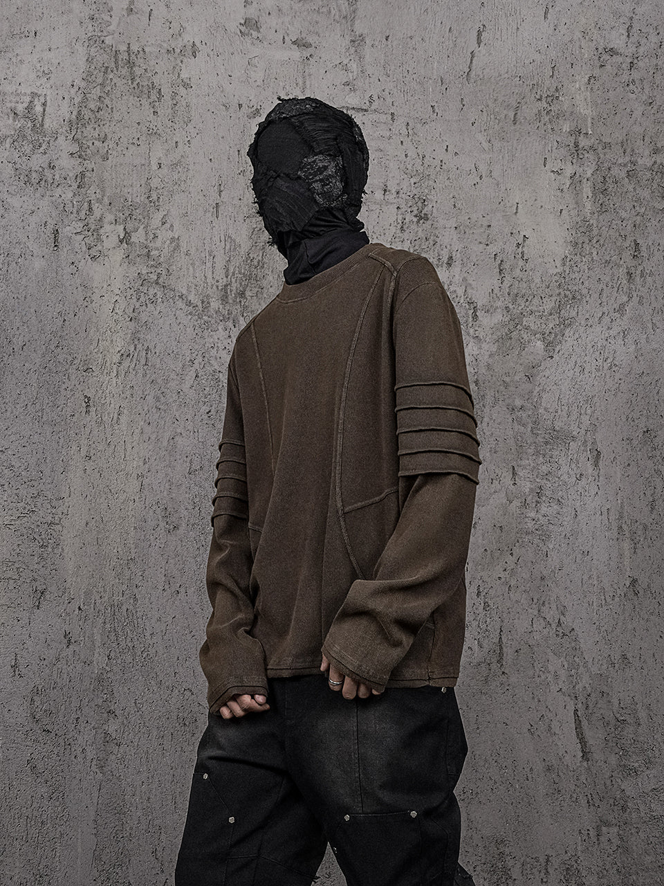 UNDERWATER Washed Pleated Deconstructed Patchwork Sweatshirt Brown