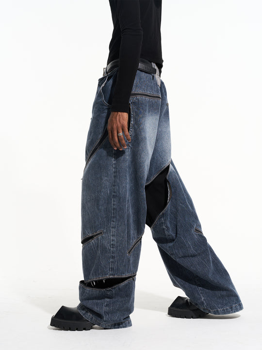 BLIND NO PLAN Zipper Destroyed Deconstructed Washed Denim Jeans