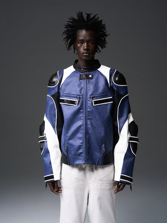 BLIND NO PLAN x BLACK8 Armor Device Patchwork Sterling Stripes Biker Jacket