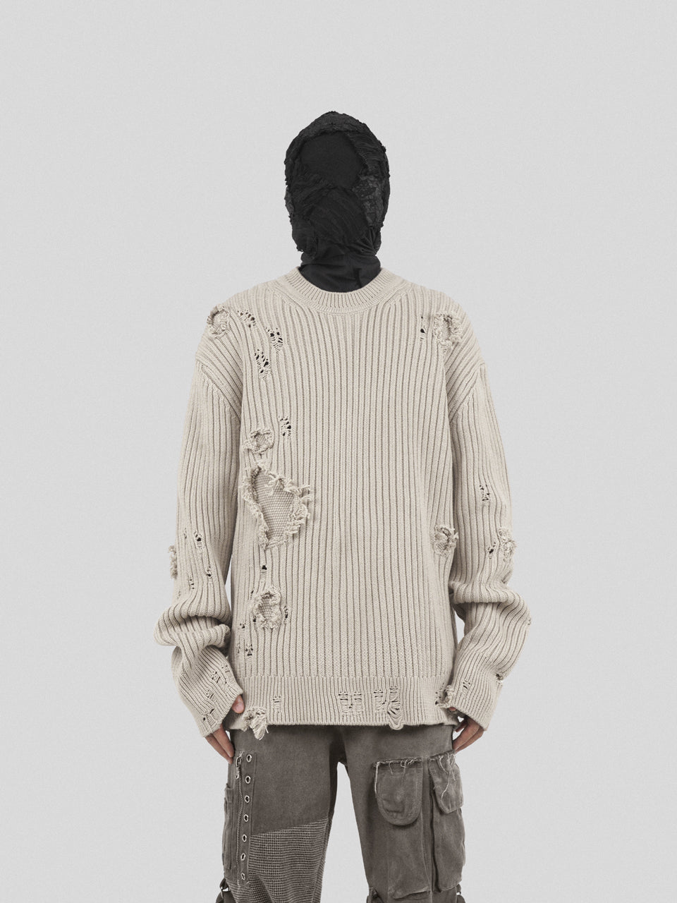 UNDERWATER Washed Handmade Destruction Patchwork Knit Sweater Beige