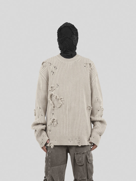 UNDERWATER Washed Handmade Destruction Patchwork Knit Sweater Beige