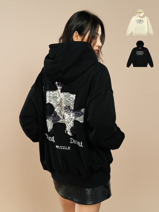 YADcrew Lace Splicing Embroidery Puzzle Hoodie