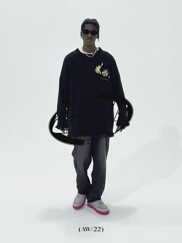 Harsh and Cruel Cartoon Face Distressed Knit Sweater