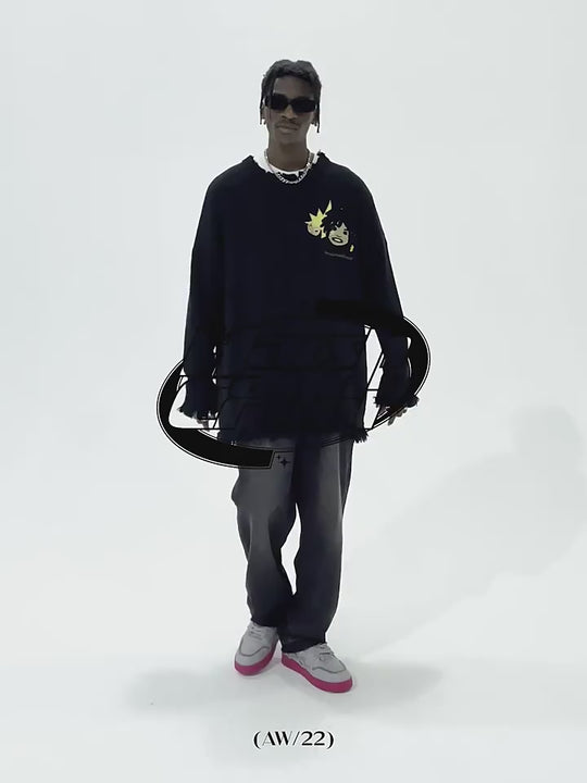 Harsh and Cruel Cartoon Face Distressed Knit Sweater