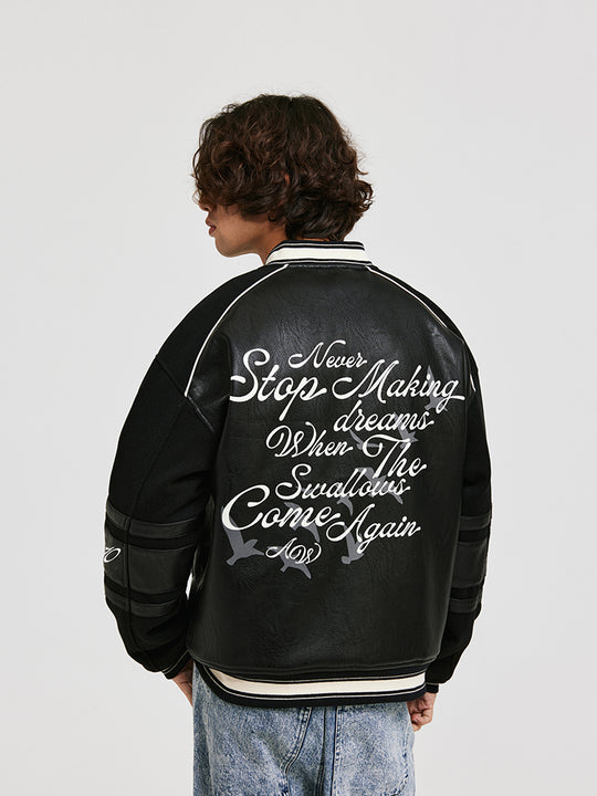 ANTIDOTE Swallow Print Leather & Wool Baseball Jacket